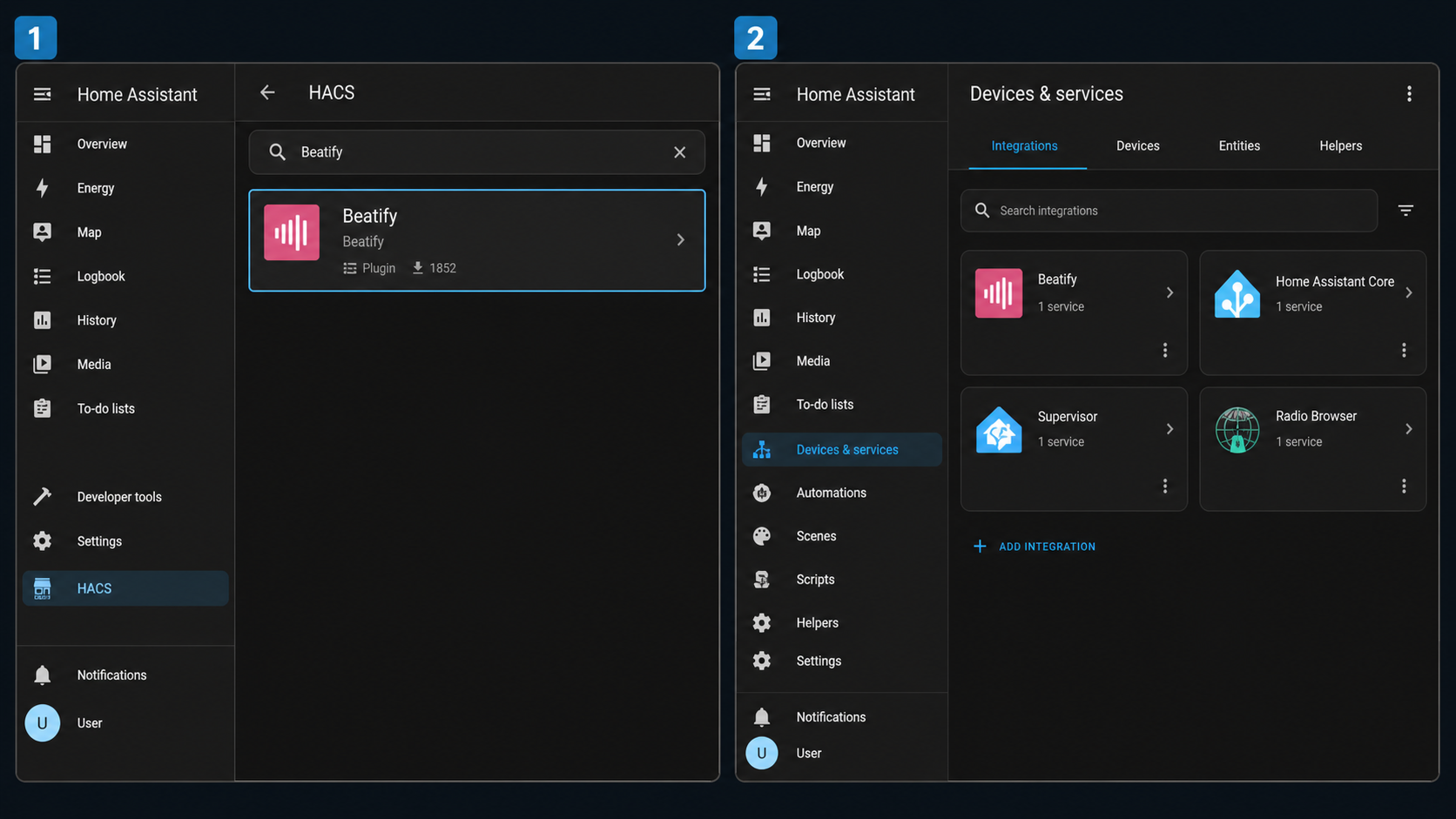 HACS search for Beatify followed by the Home Assistant integrations page.