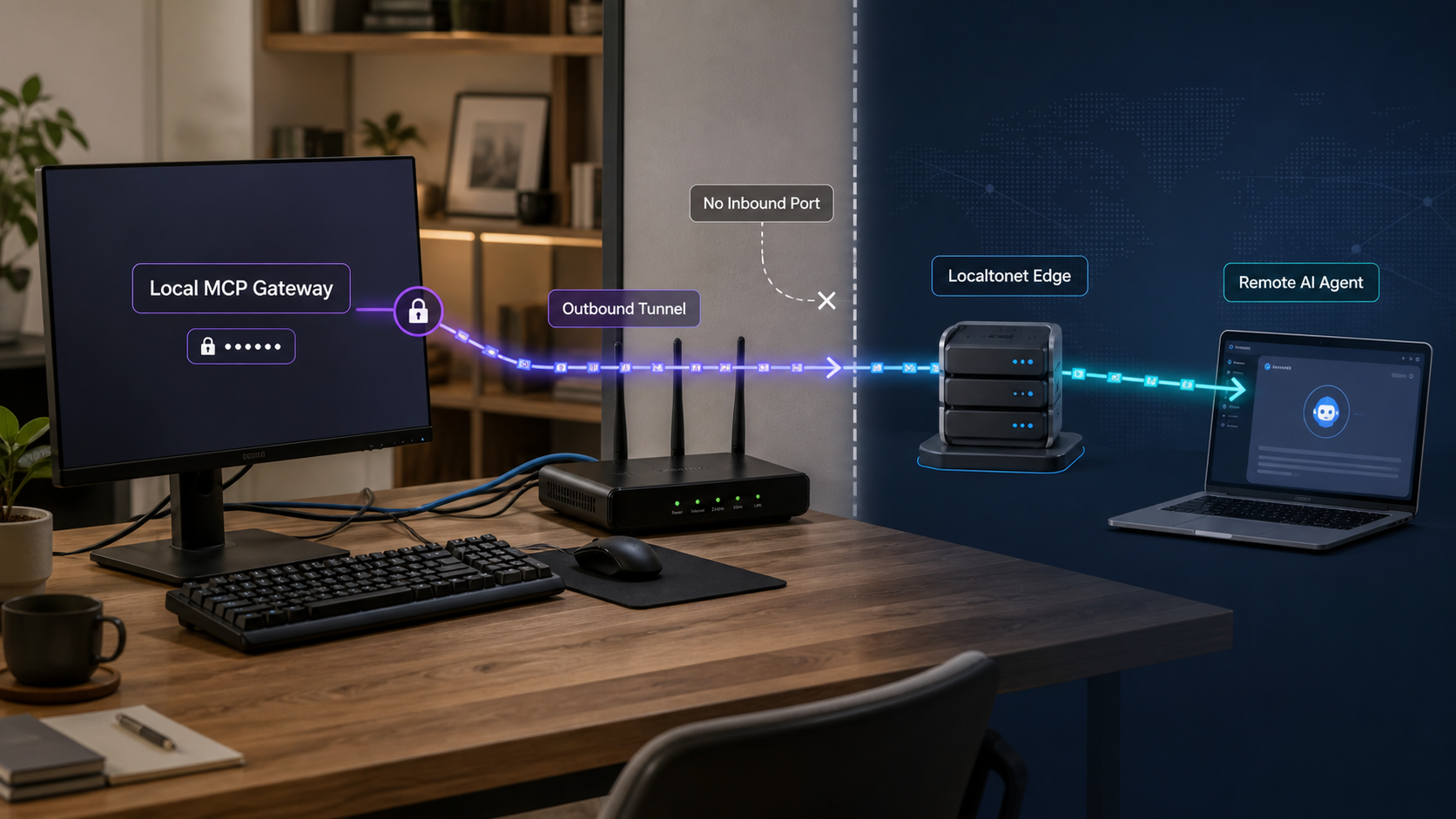 A local McpNet Gateway reaches a remote AI agent through an outbound Localtonet tunnel without an open router port.
