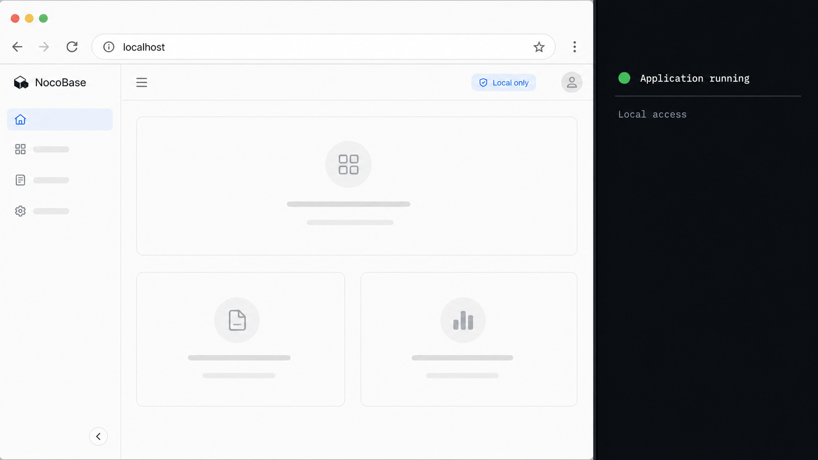 A NocoBase page loaded from localhost next to a running application process.
