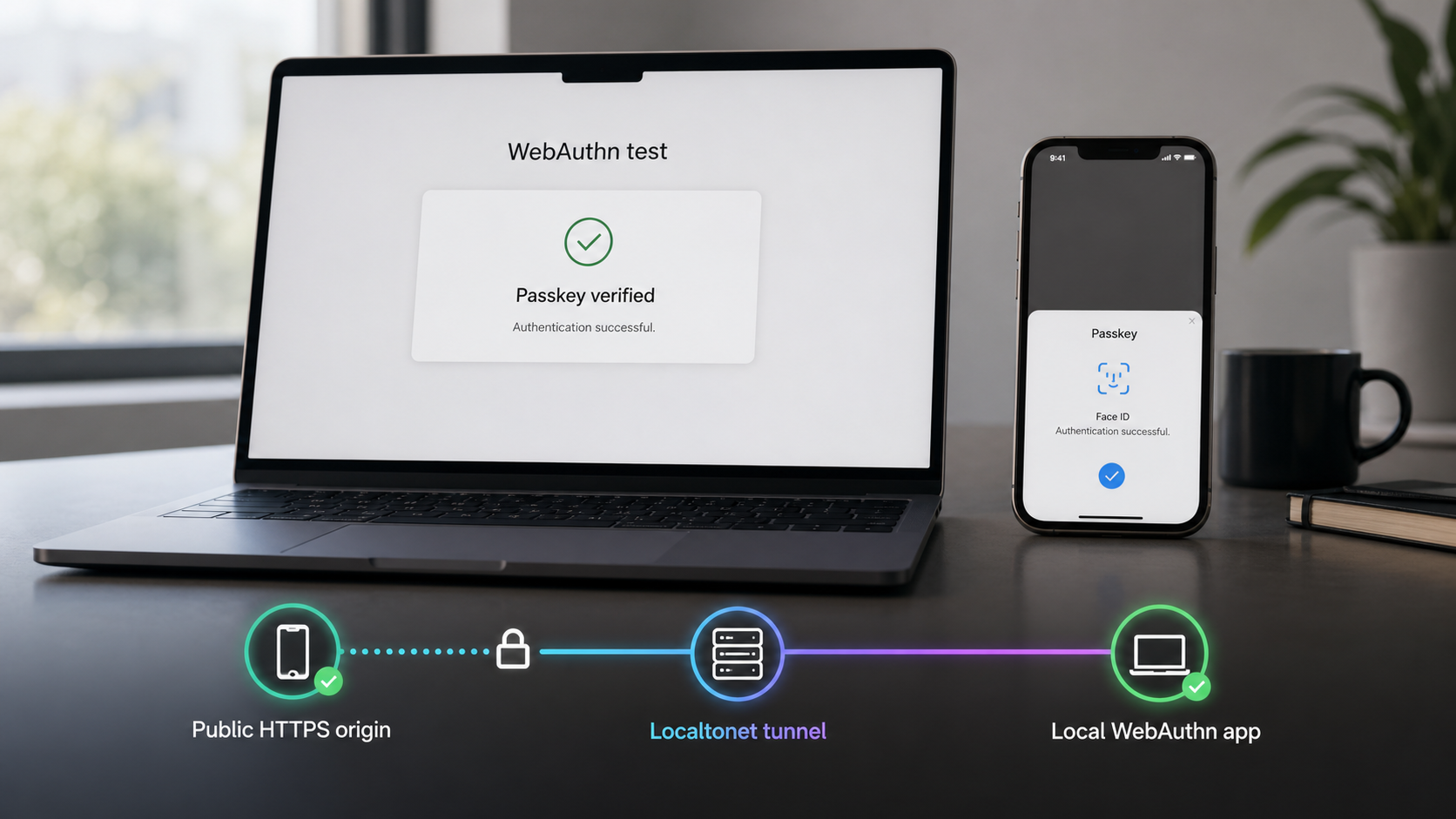 A phone reaches a local WebAuthn application through a public HTTPS endpoint and Localtonet tunnel