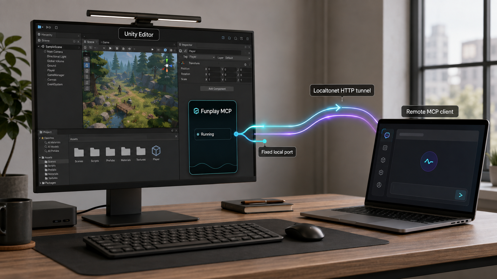 Unity and Funplay MCP on a fixed local port connected to a remote MCP client through a Localtonet HTTP tunnel