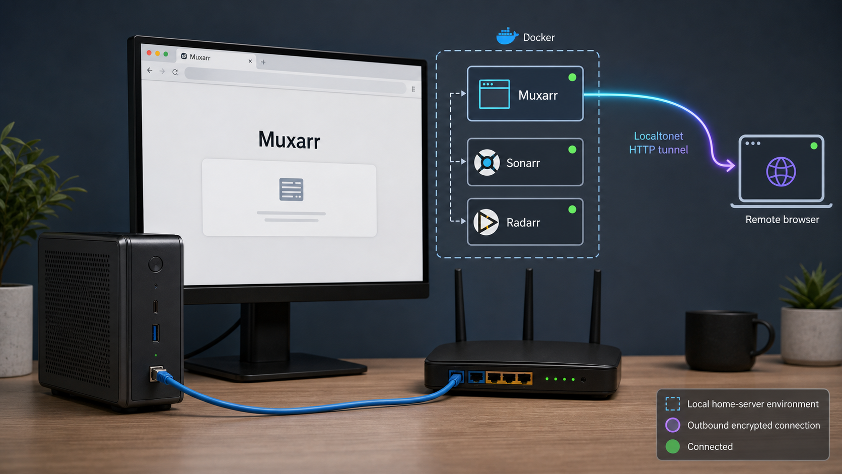Self-hosted Muxarr connected to optional Sonarr and Radarr services and a remote browser through Localtonet