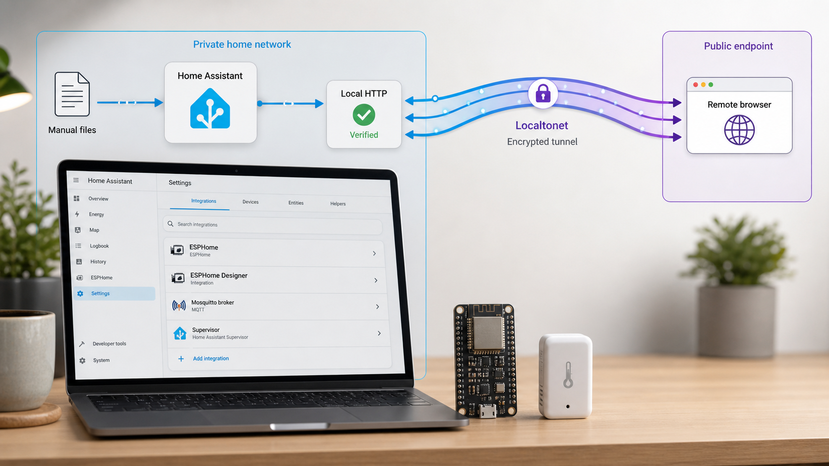 ESPHome Designer installed in Home Assistant and connected to a public address through Localtonet