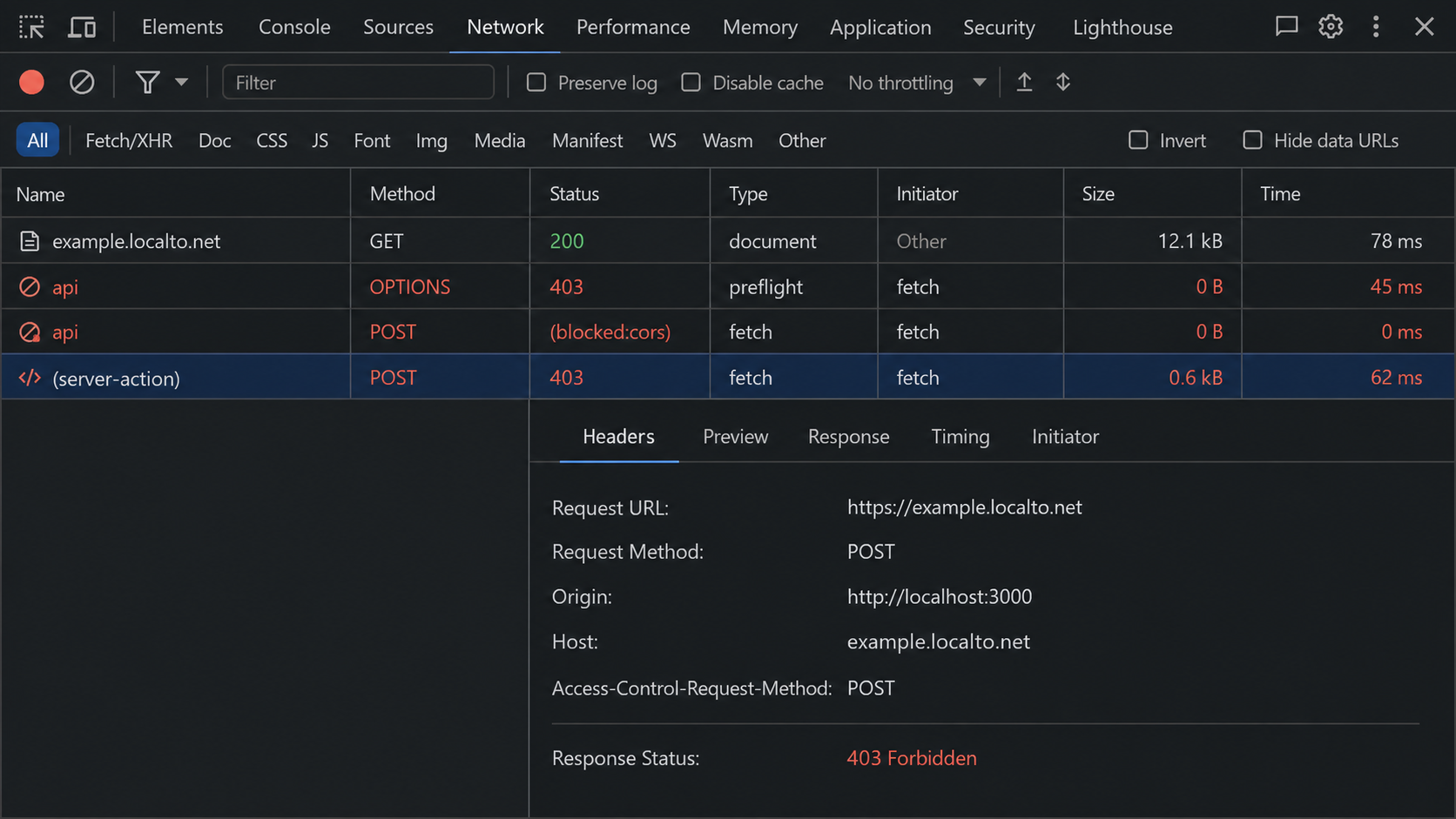 Browser Network panel distinguishing a CORS error, failed preflight, and rejected Server Action.