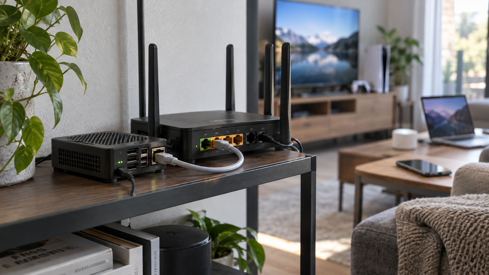 A small Pi-hole host connected by Ethernet to a home router serving several household devices.