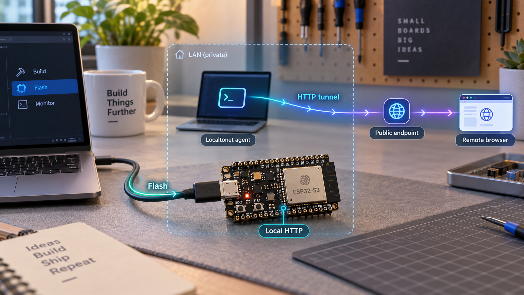 ESP32-S3 connected for flashing with a diagram of local HTTP access through a Localtonet tunnel.