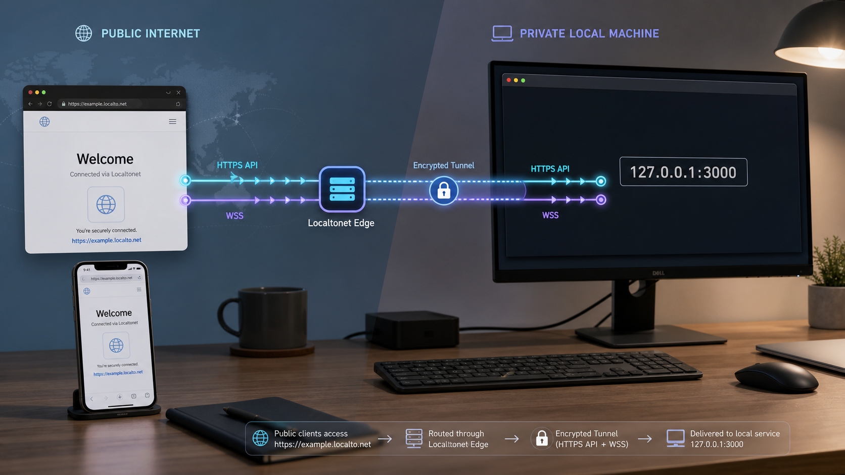 Public HTTPS and secure WebSocket traffic traveling through a tunnel to a service on localhost.