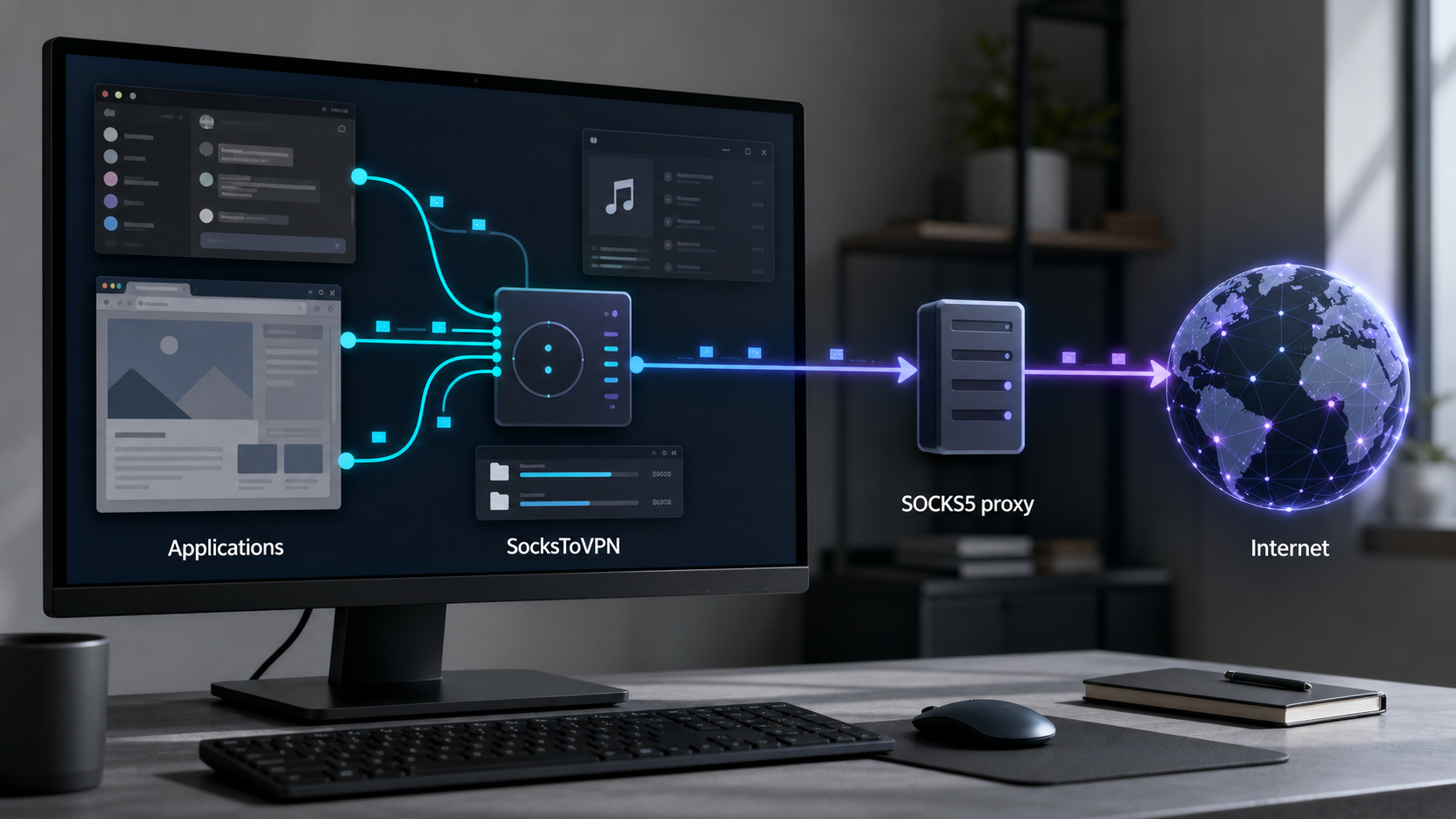 Computer traffic routed through SocksToVPN and a SOCKS5 proxy before reaching the internet.