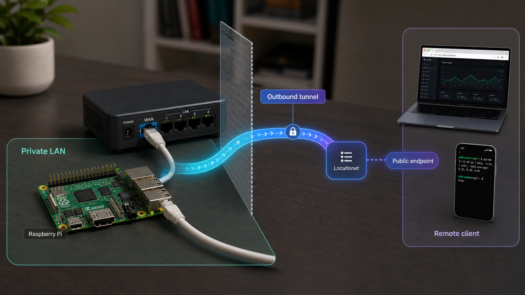 Raspberry Pi connecting outbound to a Localtonet relay that accepts connections from remote clients