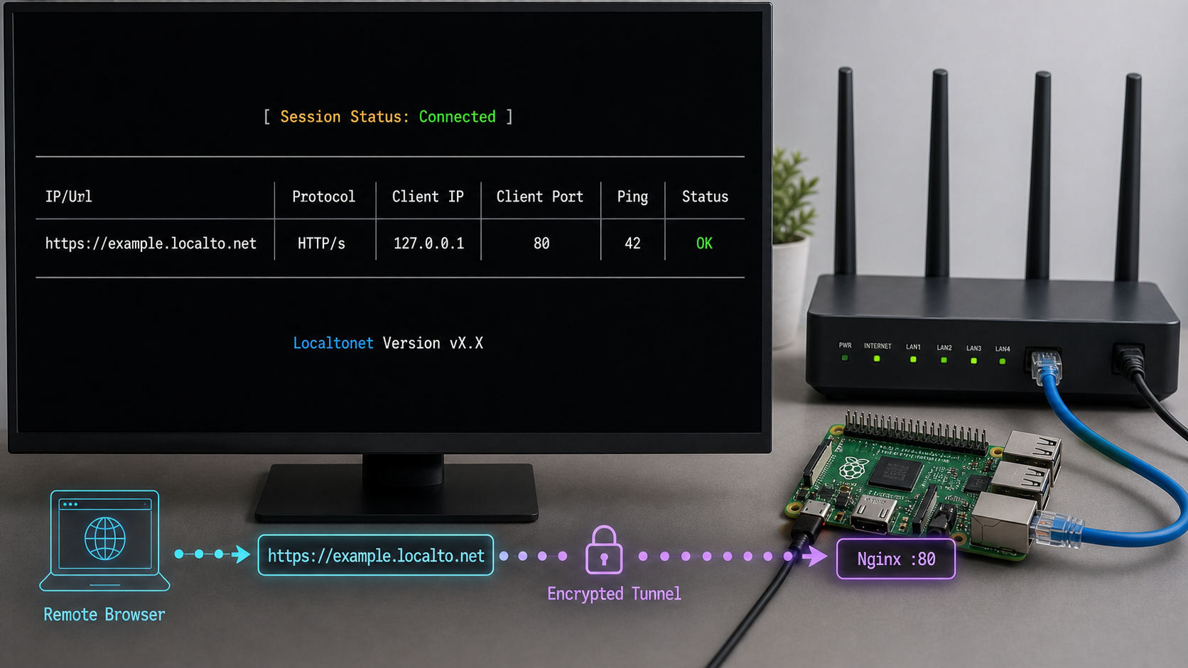 Connected Localtonet console routing a public HTTPS endpoint to Nginx on Raspberry Pi port 80.