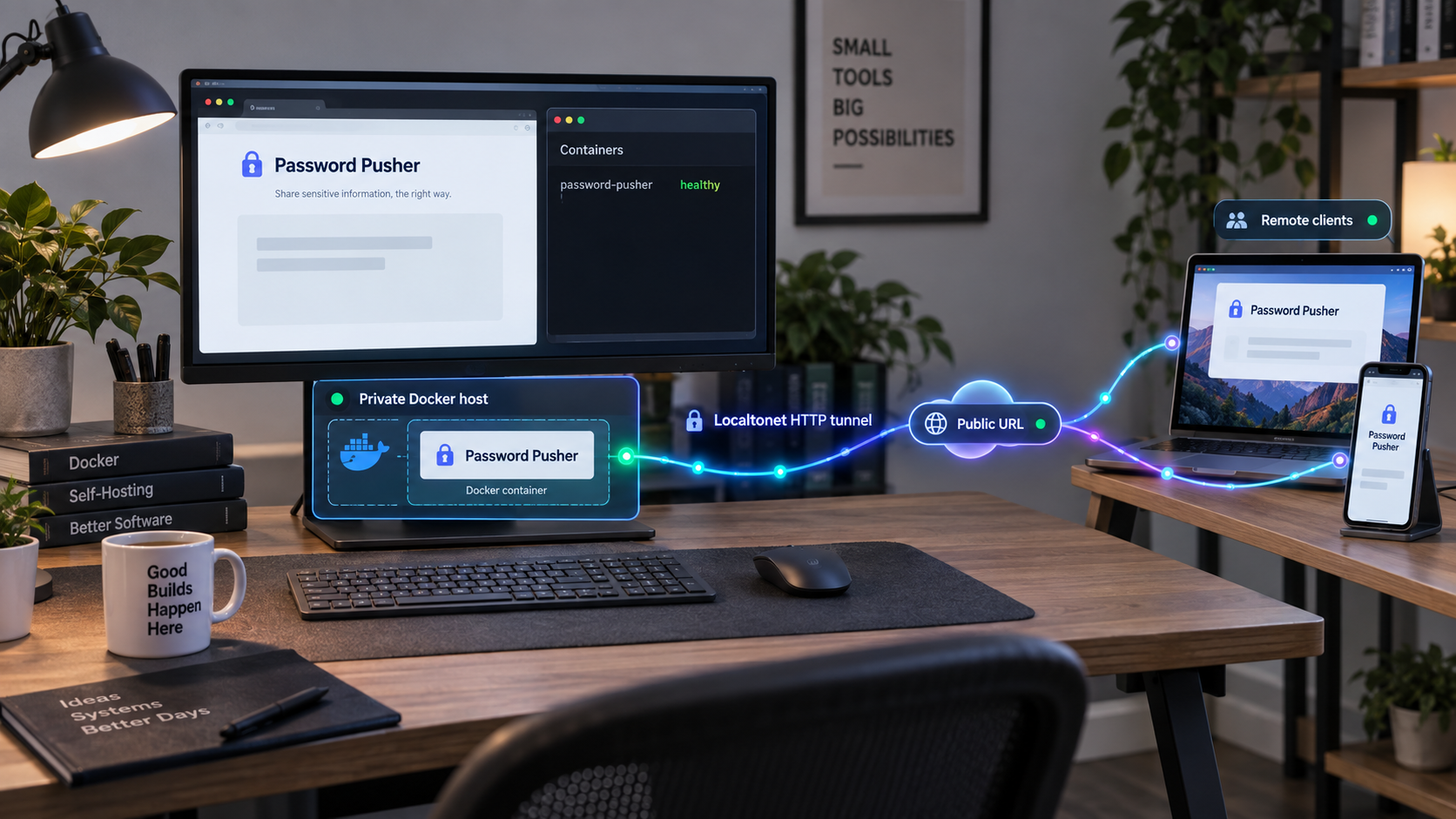 Remote devices reach a Docker-hosted Password Pusher instance through a Localtonet HTTP tunnel.