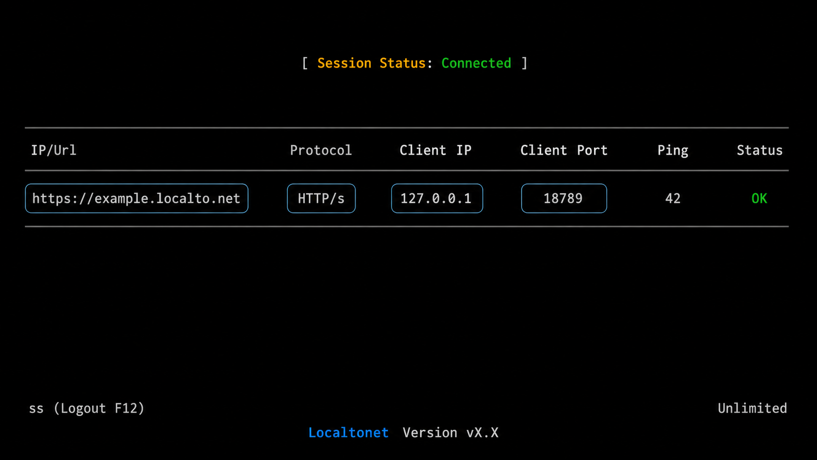 Localtonet console showing a connected HTTP tunnel to the OpenClaw Gateway on 127.0.0.1.