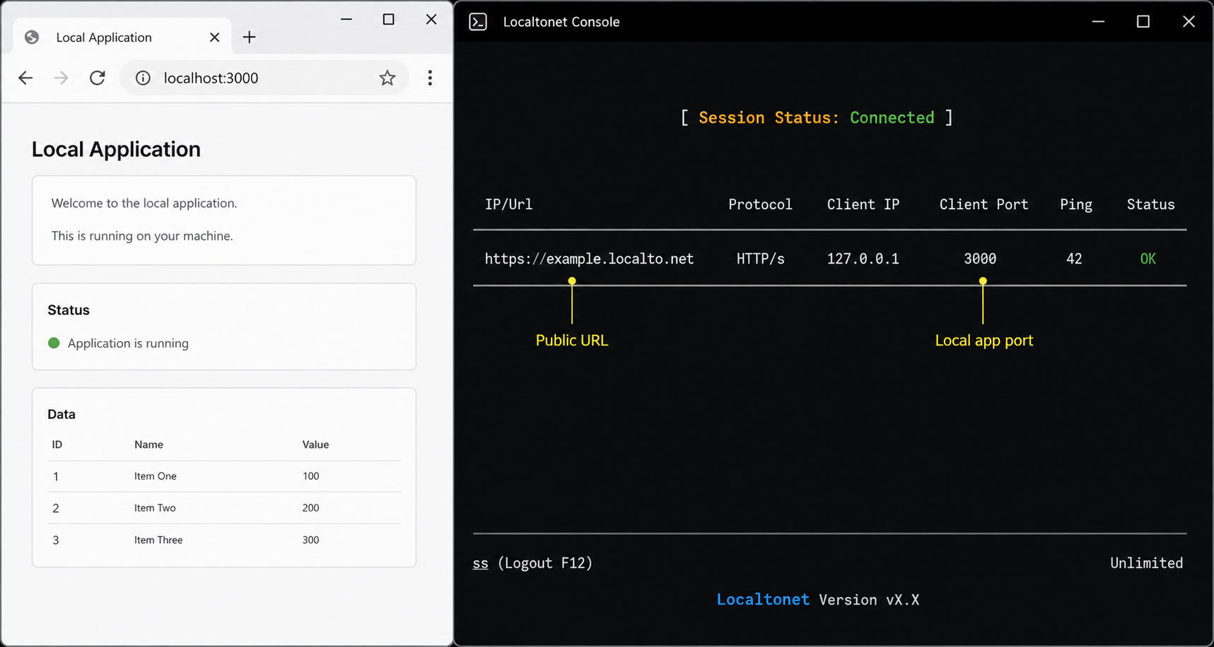 Connected Localtonet console mapping an HTTPS URL to localhost port 3000.