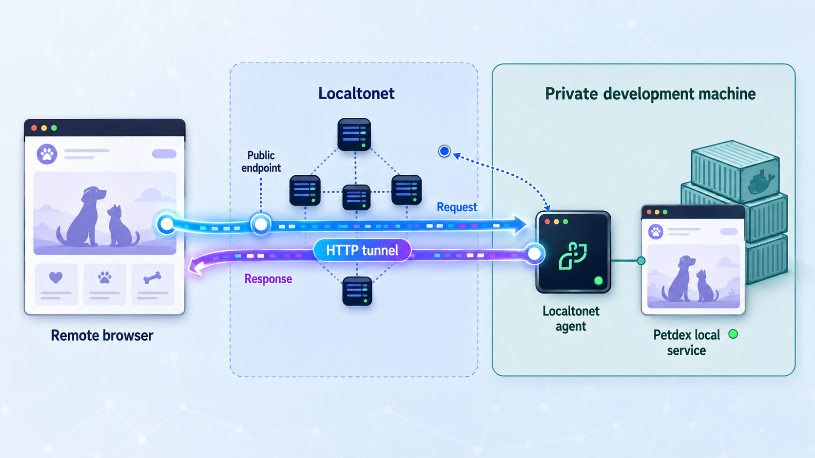 Remote browser traffic reaches the local Petdex service through a Localtonet HTTP tunnel.