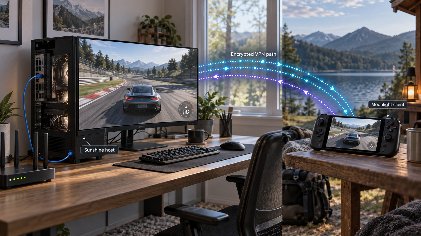A home gaming PC streams through an encrypted network path to a remote handheld device.