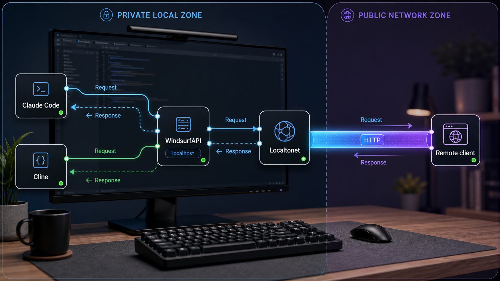 WindsurfAPI serving local AI clients and an authorized remote client through a Localtonet tunnel.