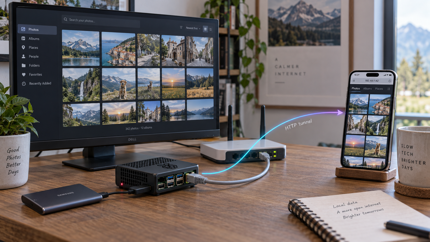 Raspberry Pi with external storage running PhotoPrism and connected to a remote phone through an HTTP tunnel.