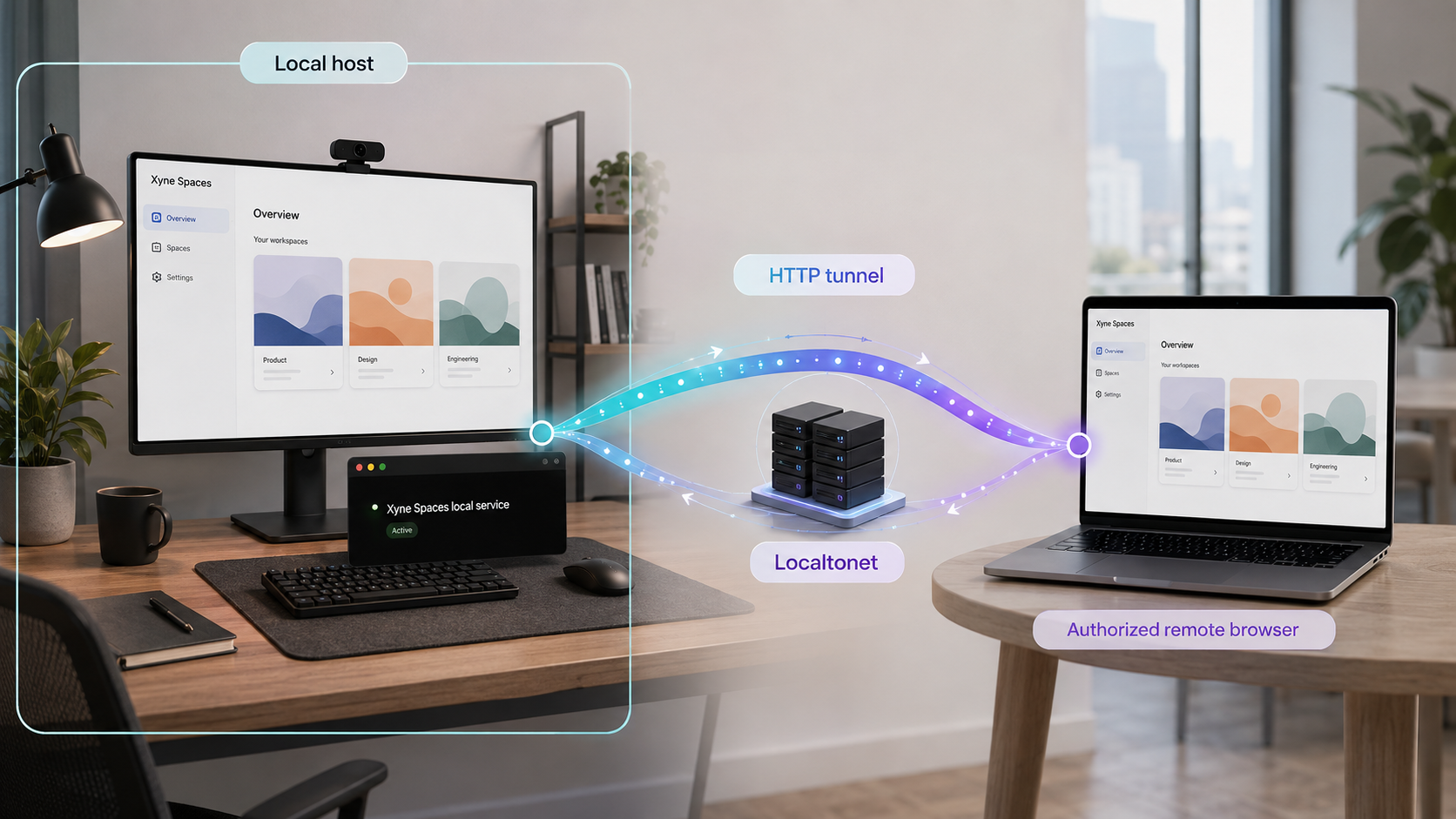 A locally hosted Xyne Spaces dashboard connected to a remote browser through a Localtonet HTTP tunnel.