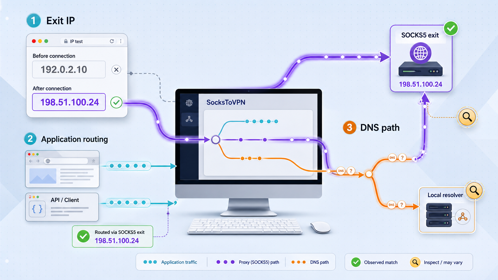 Verification checks for proxy exit IP, application traffic, and DNS resolution paths.