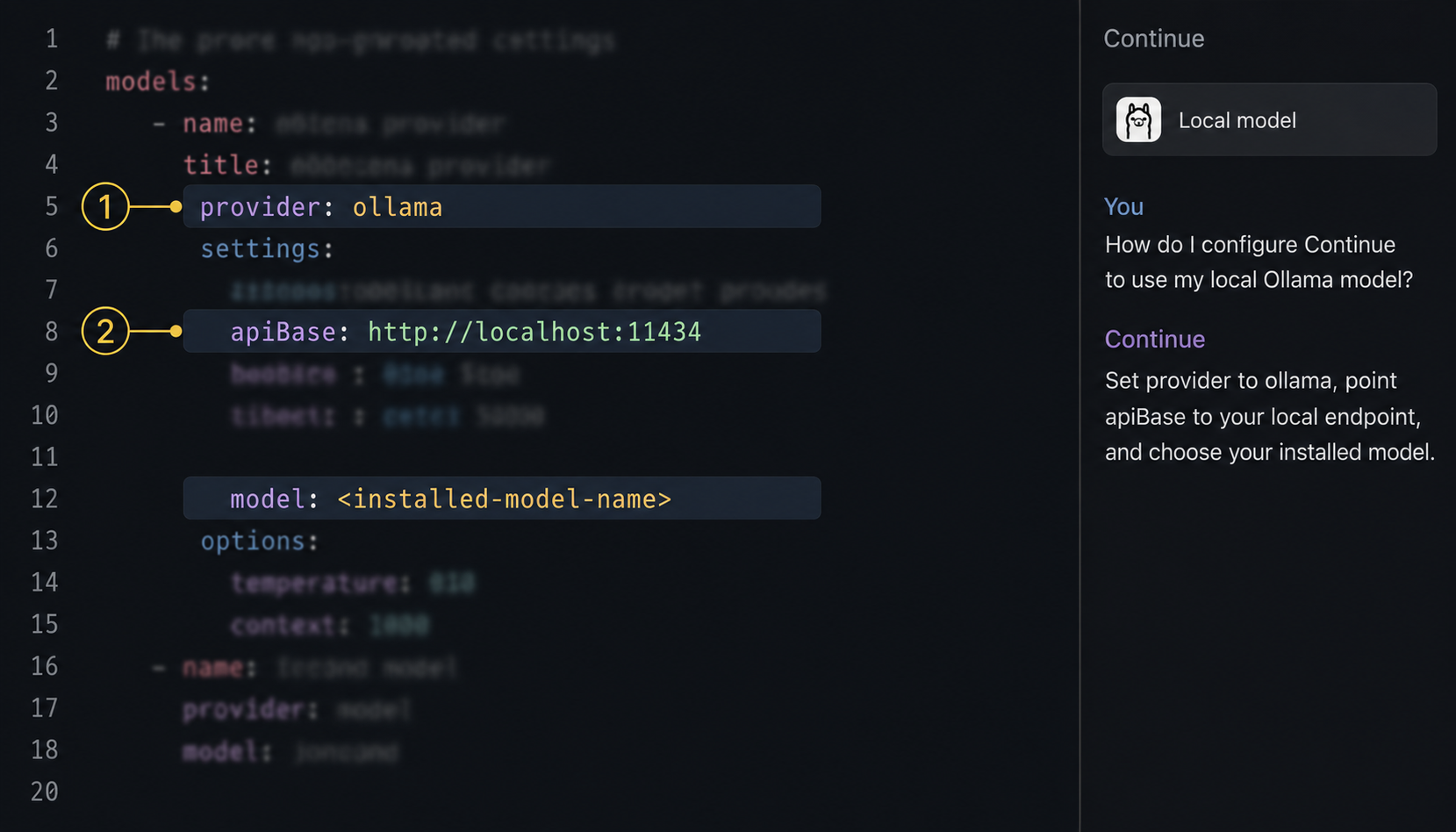 Continue configuration showing Ollama as the provider and localhost as the API endpoint.