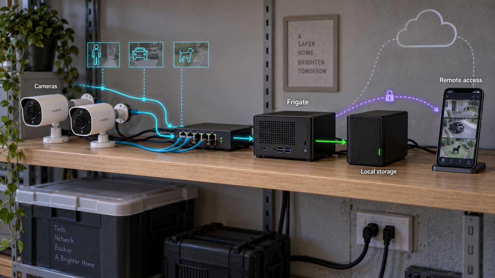 Security cameras connected to a local Frigate server and storage, with remote access that bypasses cloud recording.