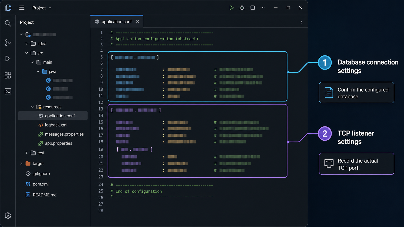 A project configuration view highlights database settings and TCP listener settings.