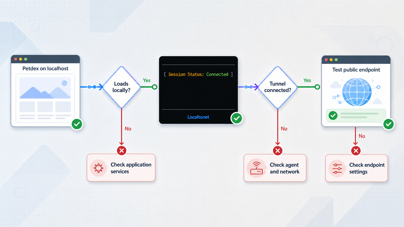Diagnostic flow checking Petdex locally, the Localtonet client, and the public endpoint.