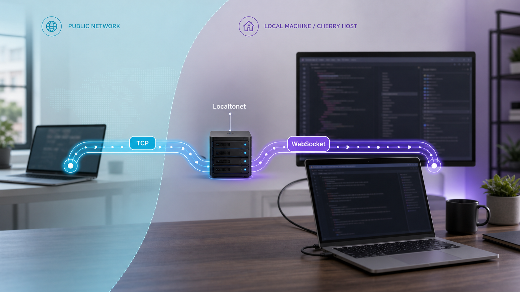 A Cherry service running on a local Go host with separate TCP and web-oriented remote publication paths
