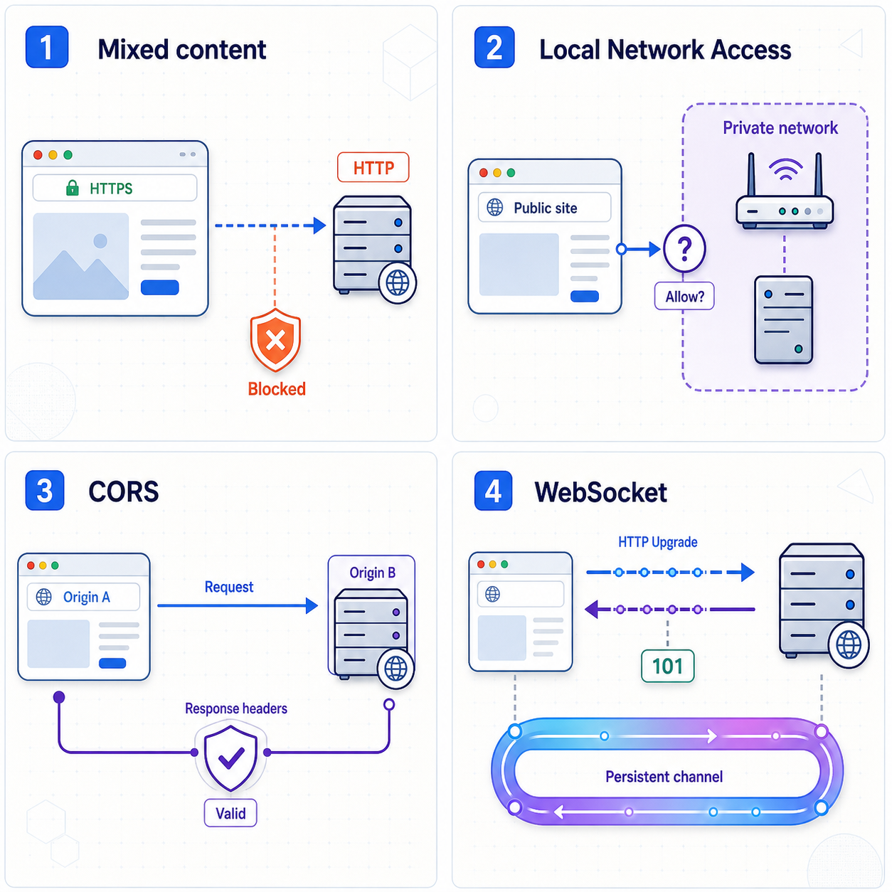 Four panels distinguishing mixed content, Local Network Access, CORS, and WebSocket negotiation.