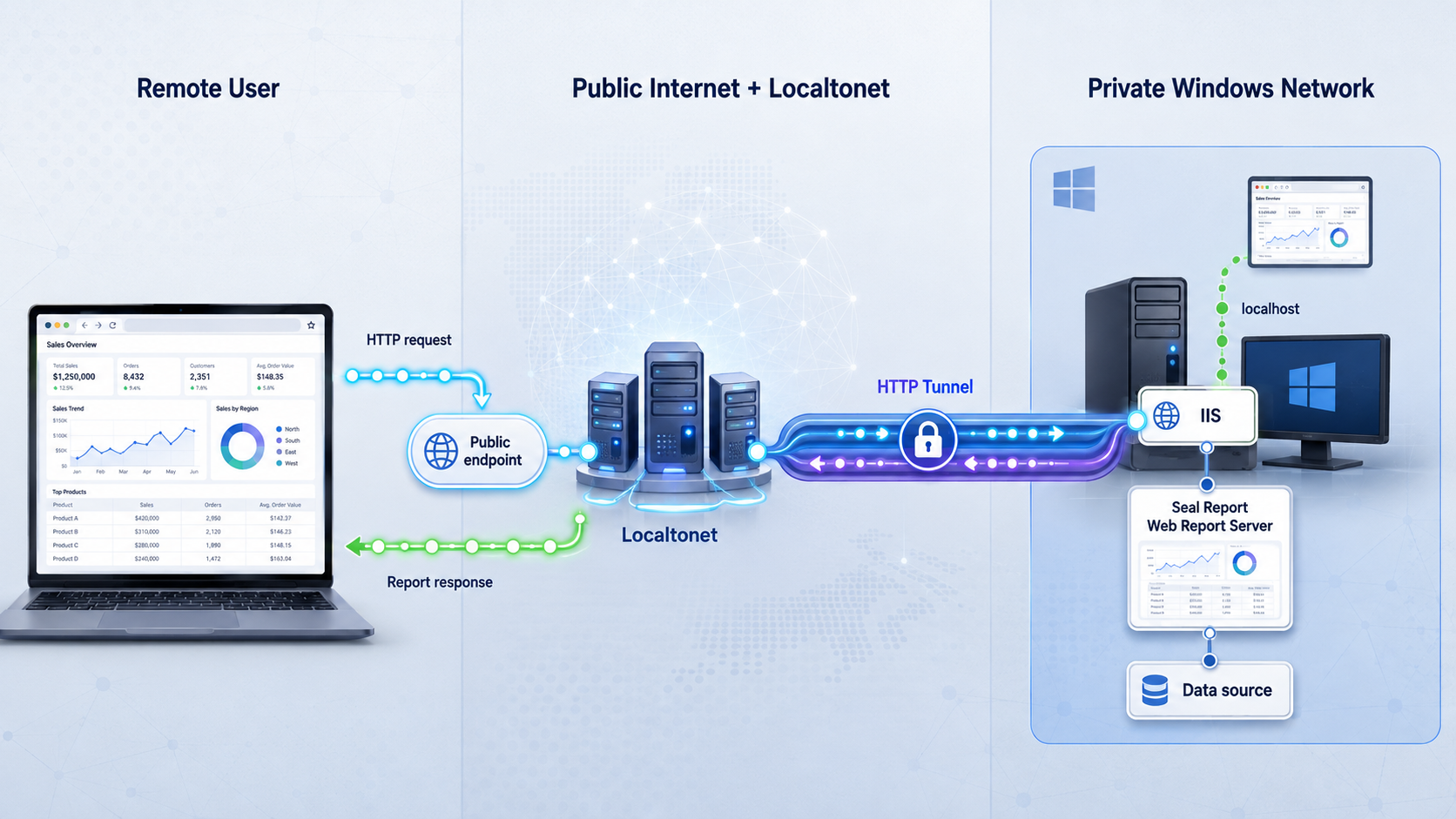 Seal Report runs behind IIS on a Windows host while Localtonet carries remote HTTP traffic through a tunnel.
