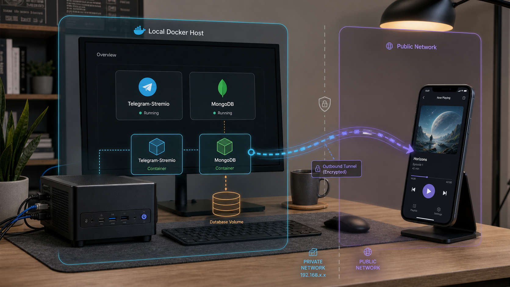 Telegram-Stremio and MongoDB running with Docker while a remote client connects through a tunnel.