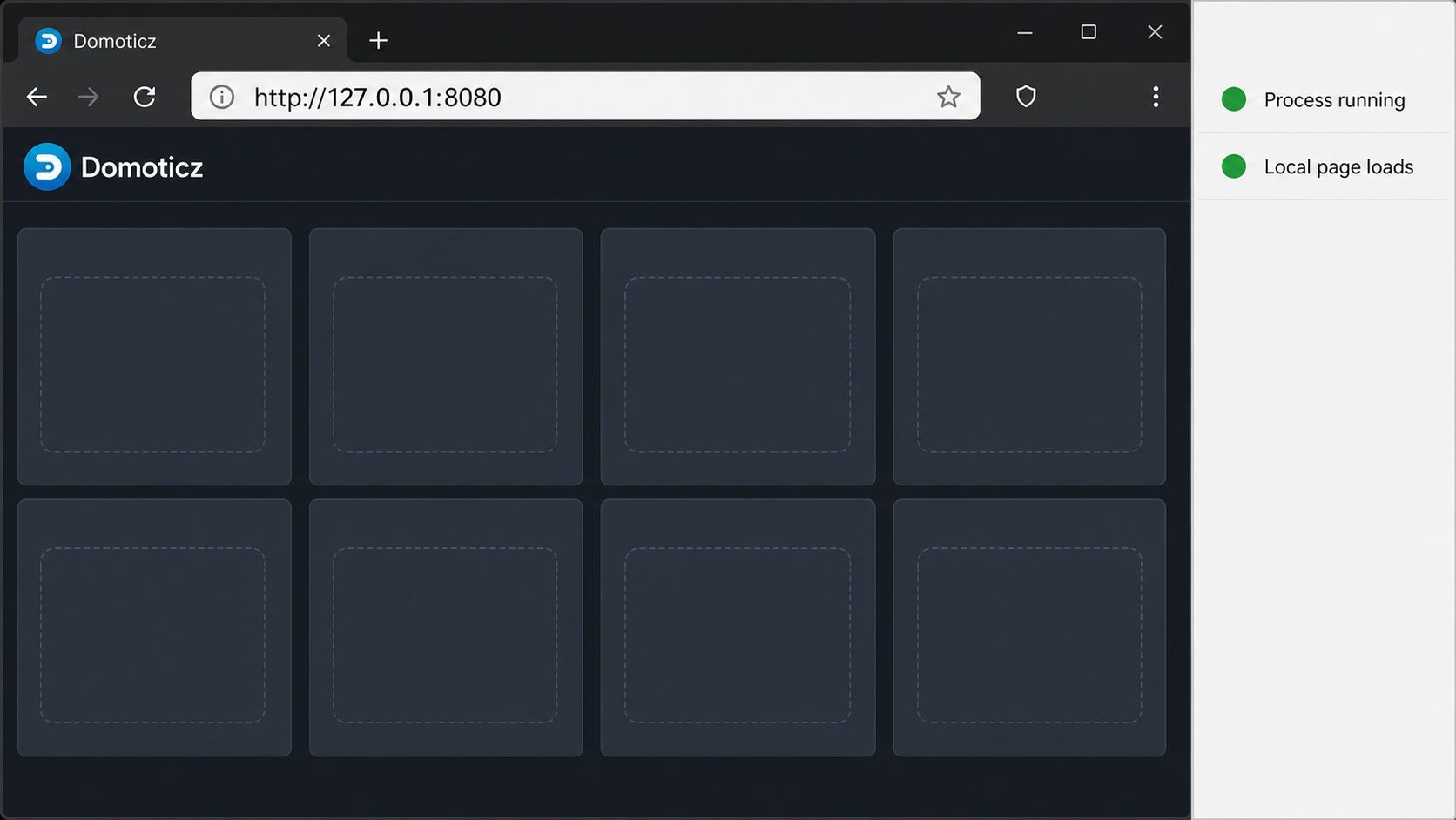 Domoticz web interface loading from a Debian host while local listener and browser checks are performed.