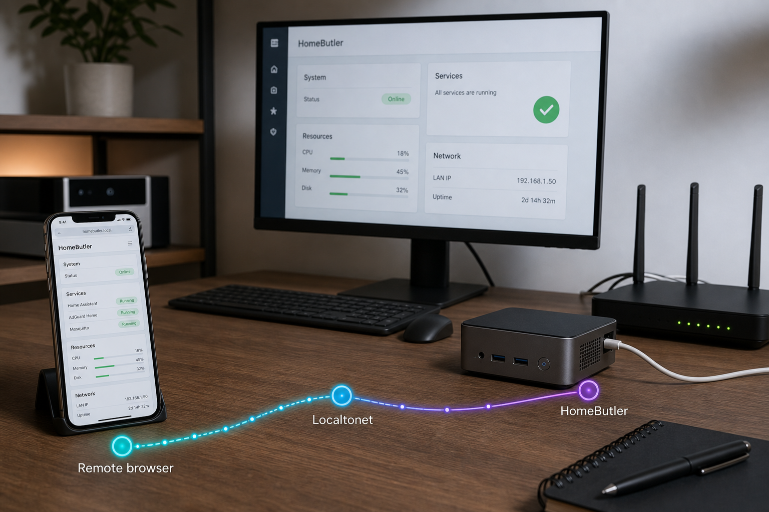 HomeButler running inside a homelab and reached by a remote browser through a Localtonet tunnel