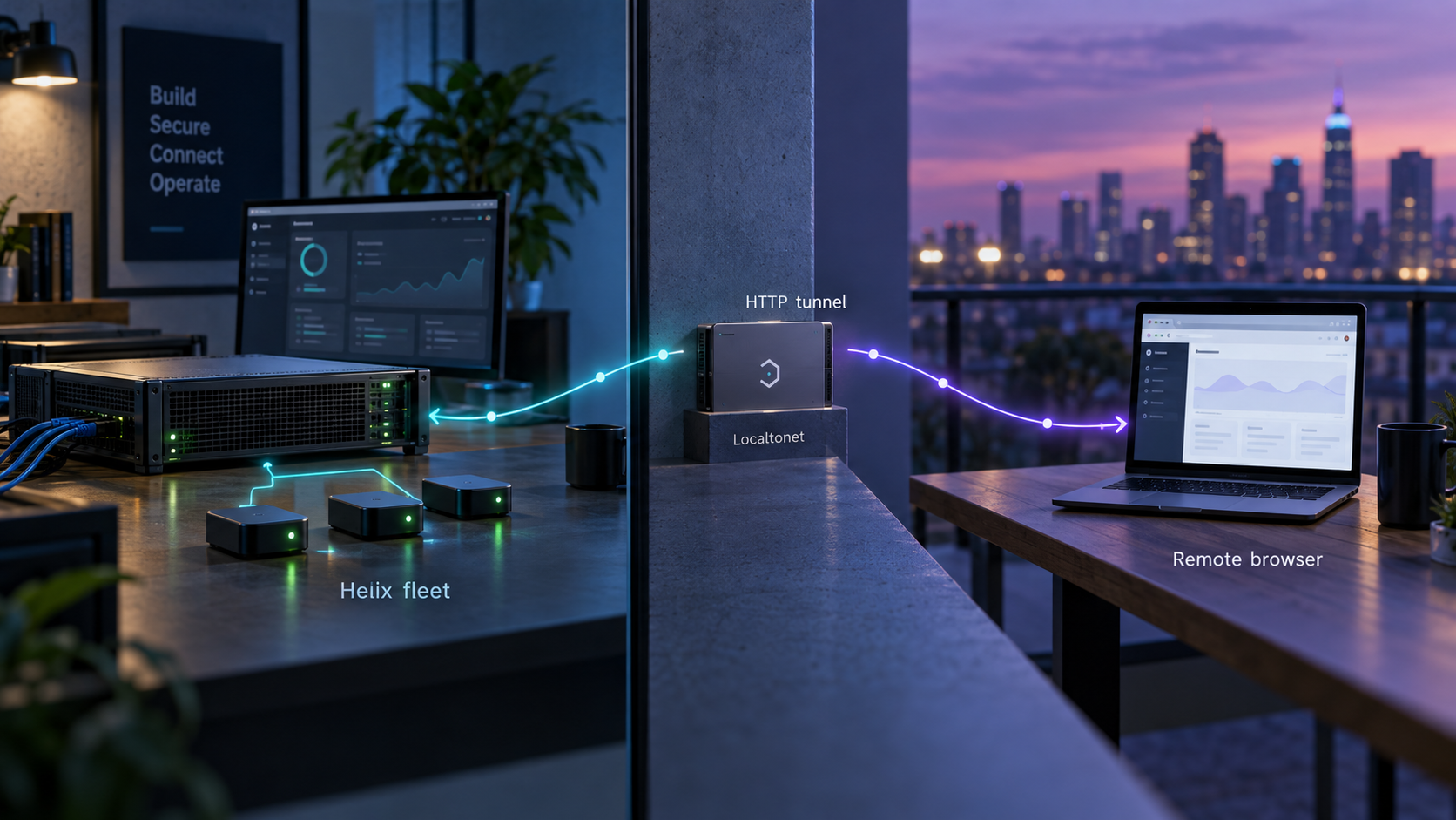 A private Helix agent fleet connected to a remote browser through a Localtonet HTTP tunnel.