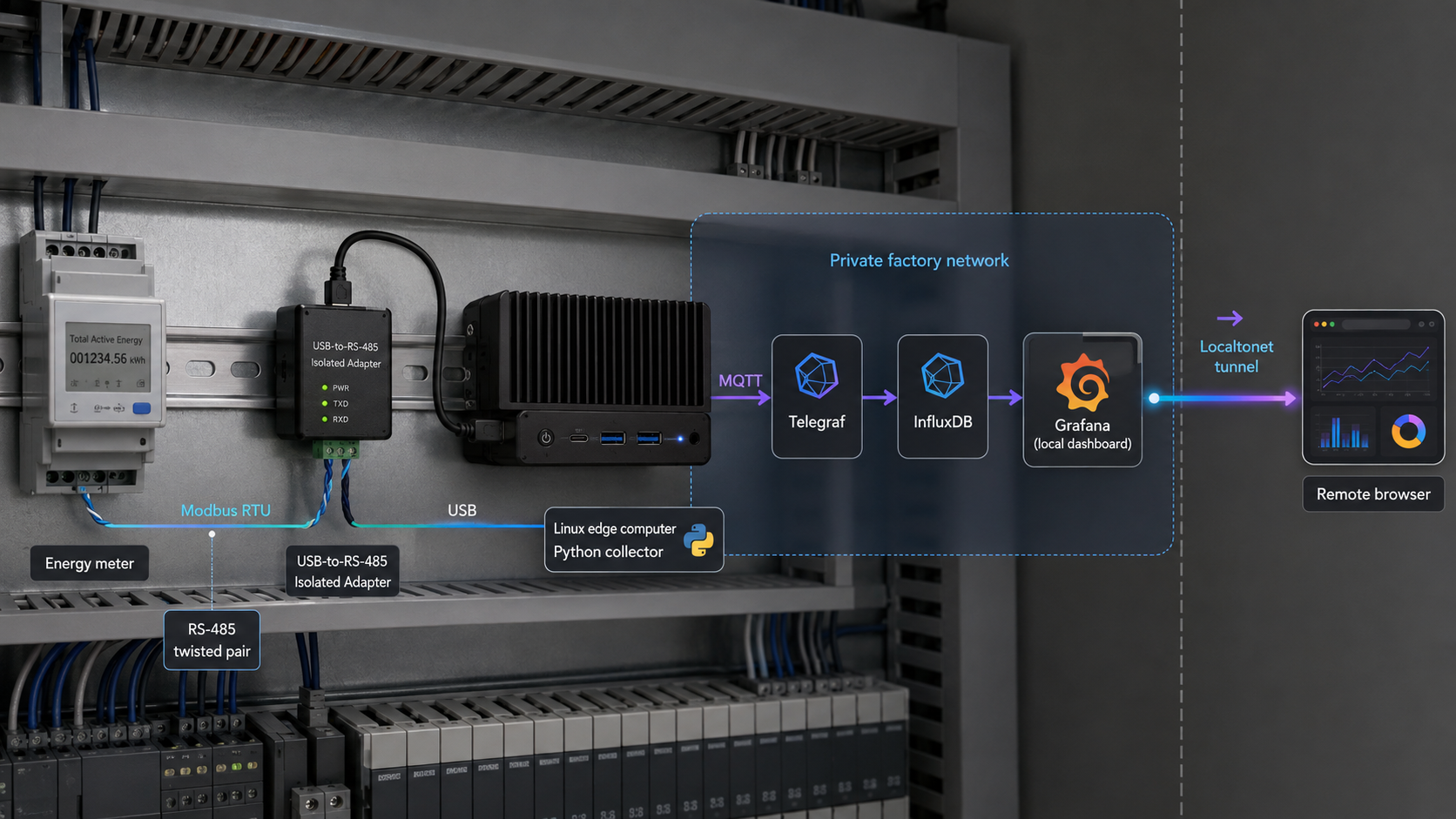 Factory energy meter data flows over RS-485 through a Python collector, MQTT, Telegraf, InfluxDB, and Grafana, with remote access through Localtonet.