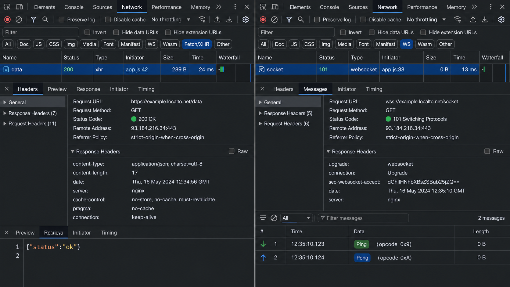 Chrome DevTools showing a successful HTTP API response and a WebSocket status 101 upgrade.