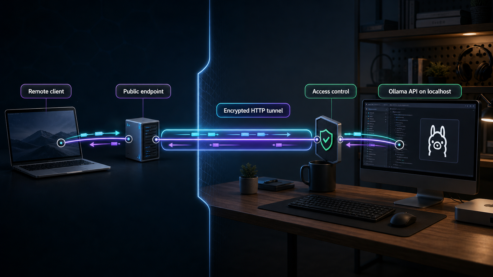 A remote client reaches a local Ollama API through a public endpoint, encrypted tunnel, and access-control layer.