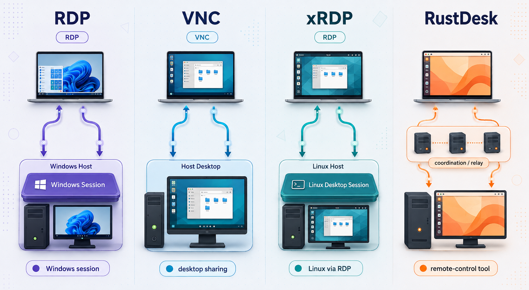 Visual comparison of RDP, VNC, xRDP, and RustDesk connection models.