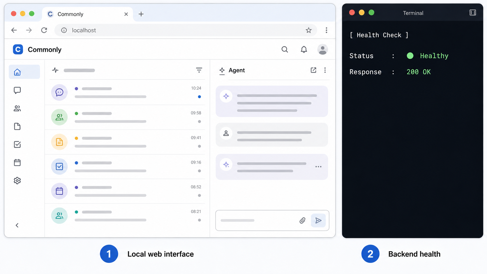Local Commonly browser interface displayed beside a successful backend health request.
