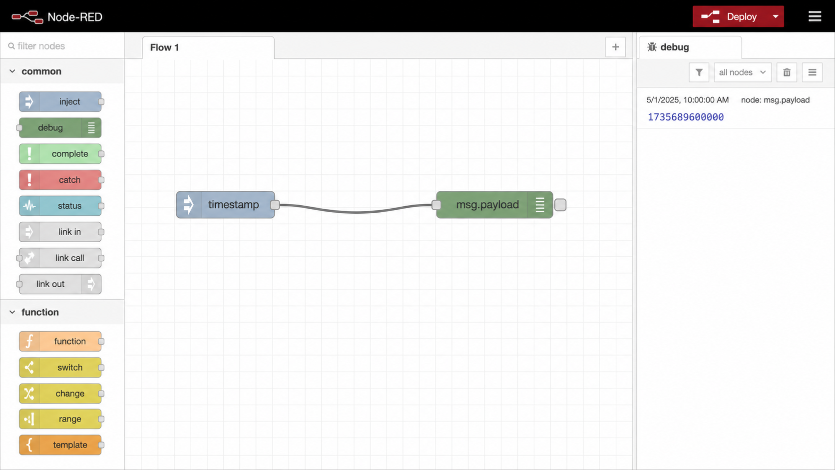 Node-RED editor with an Inject node connected to a Debug node and output in the debug sidebar.