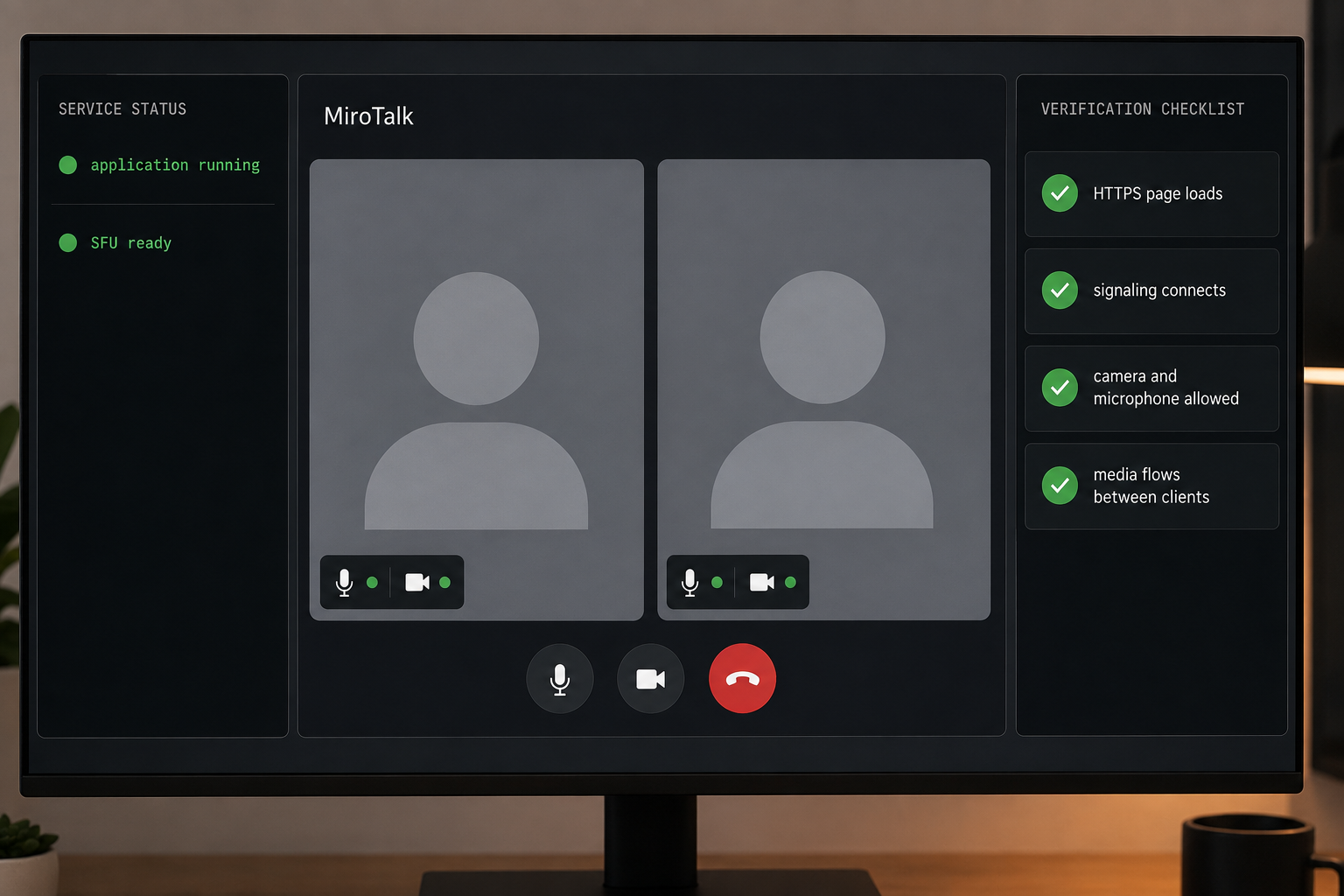 Local MiroTalk verification checking the process, browser interface, room join, signaling, and media flow
