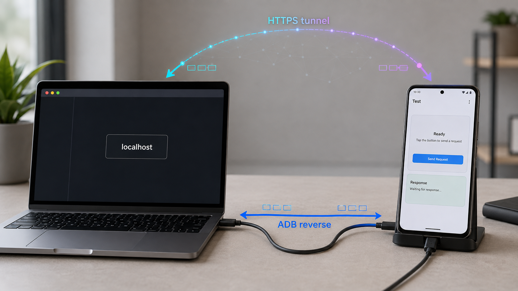 A phone connects to a local backend through USB or an HTTPS tunnel.