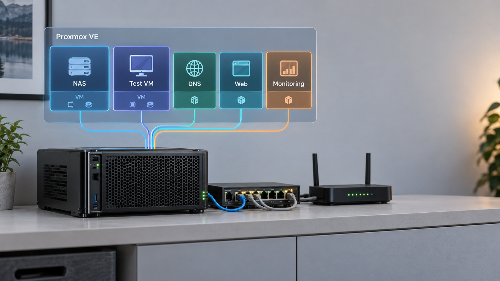 One Proxmox homelab server running several isolated virtual machines and containers.
