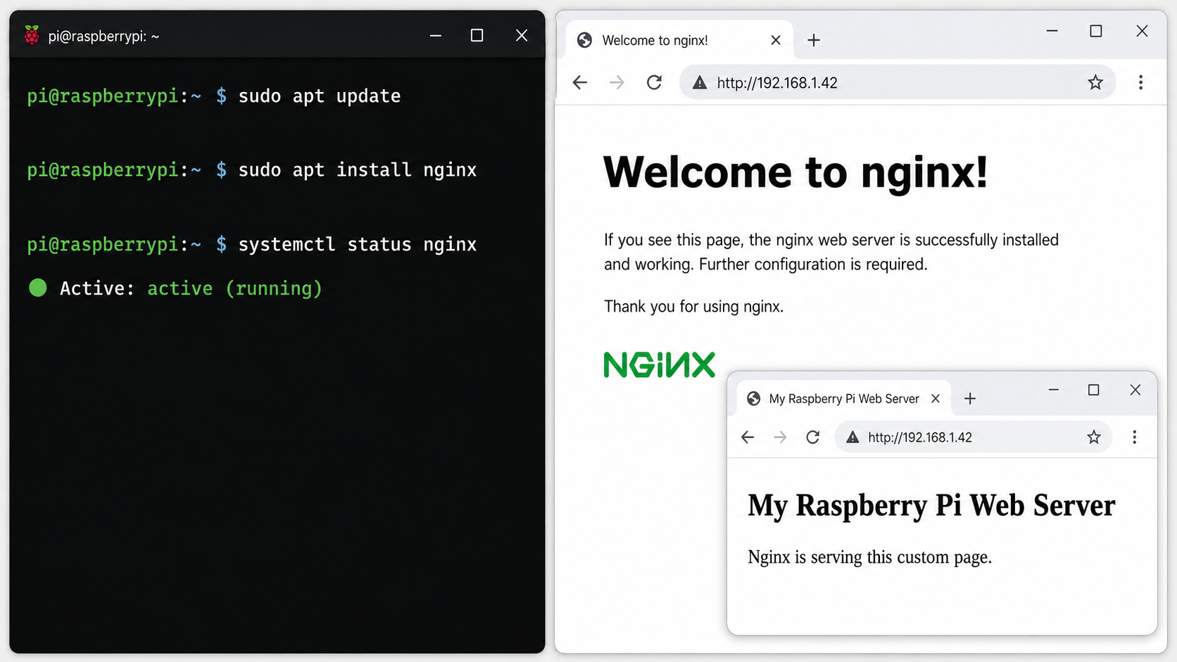 Terminal verifying Nginx is running beside a browser displaying a static site.