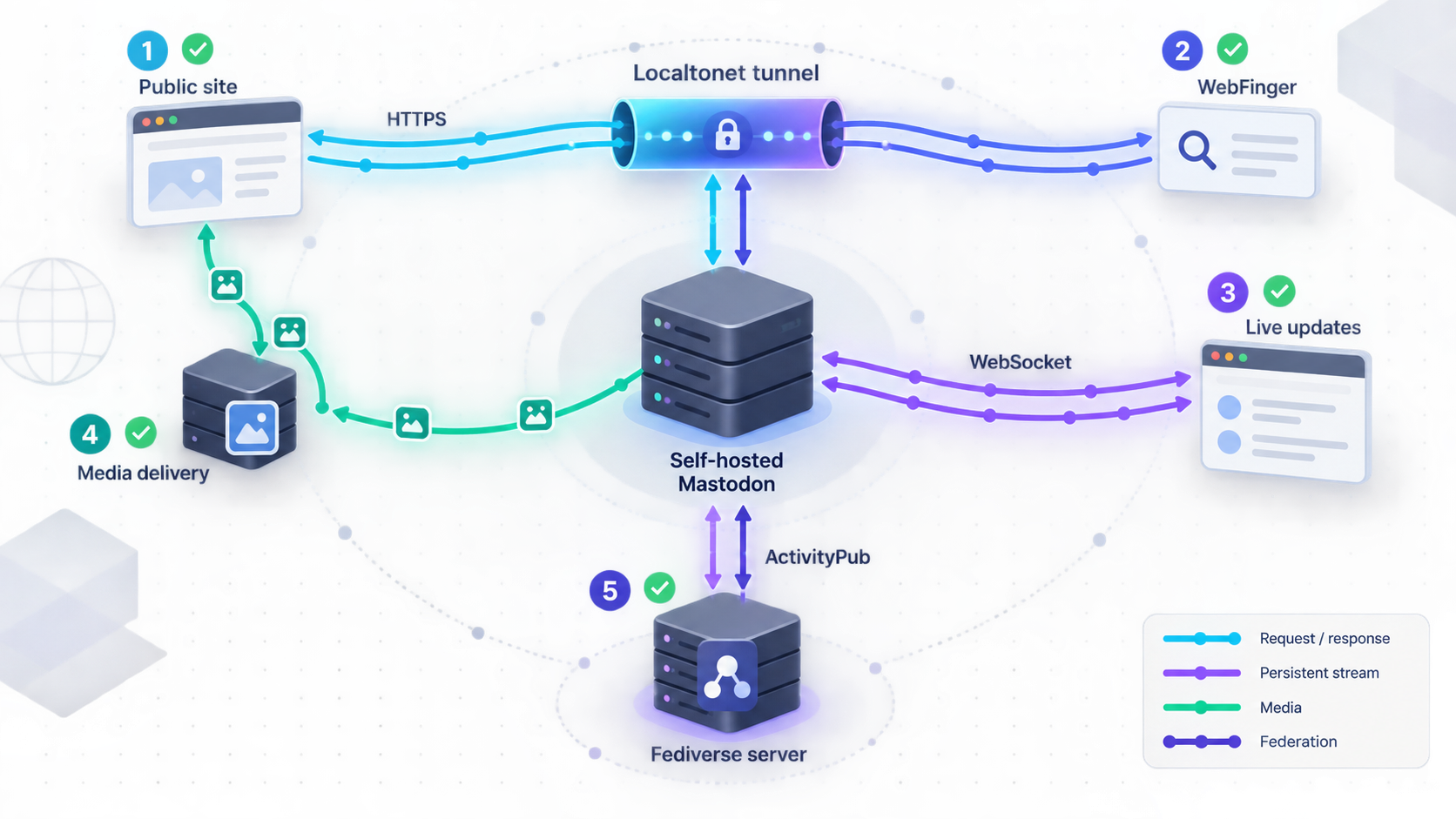 Five checks cover HTTPS access, WebFinger discovery, live streaming, media loading, and ActivityPub federation.