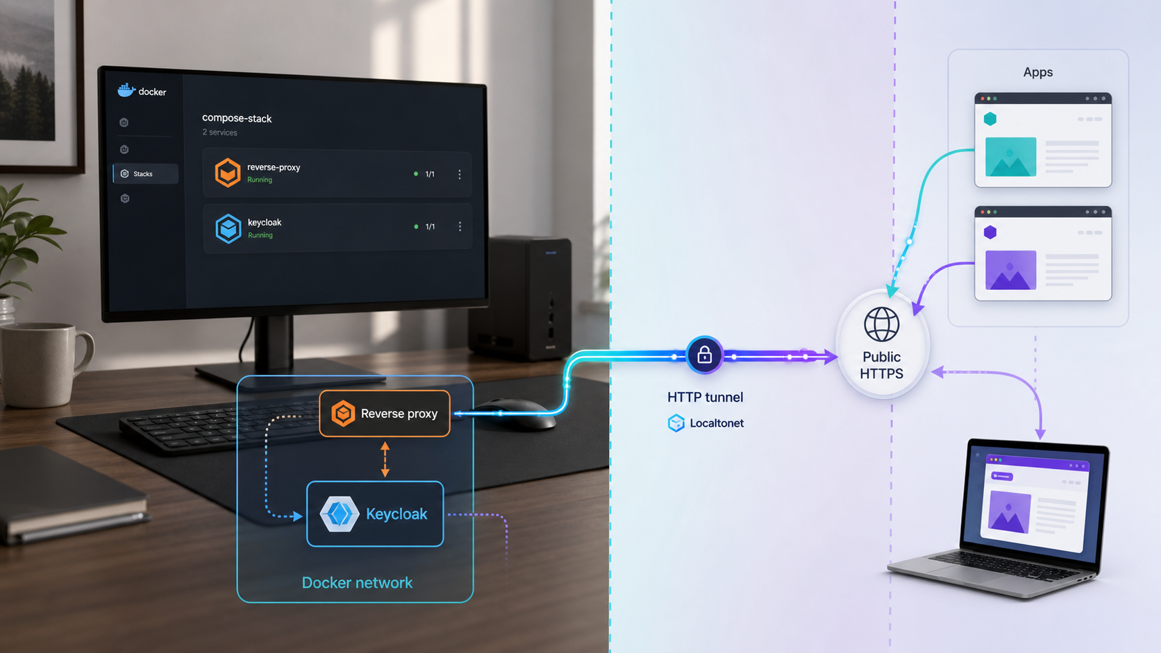 Self-hosted Keycloak connects multiple apps to a public HTTPS endpoint through a Localtonet tunnel.