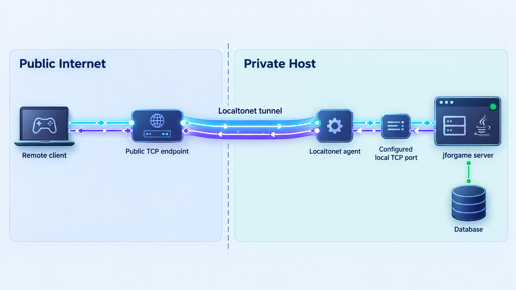 Remote TCP traffic passes through Localtonet to the jforgame listener on the private host.