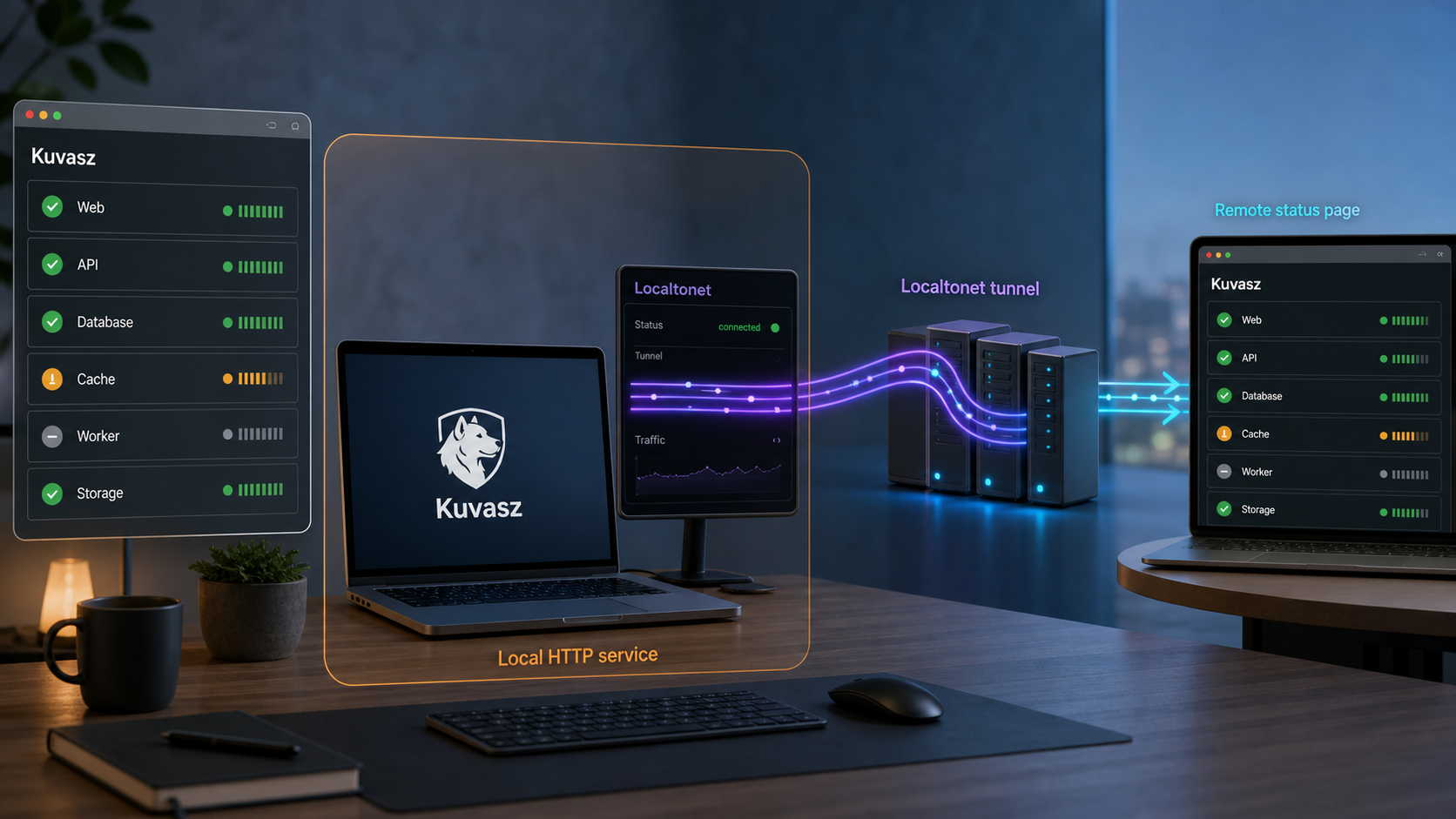 Kuvasz runs on a local host while Localtonet forwards public HTTP traffic to the Kuvasz web origin