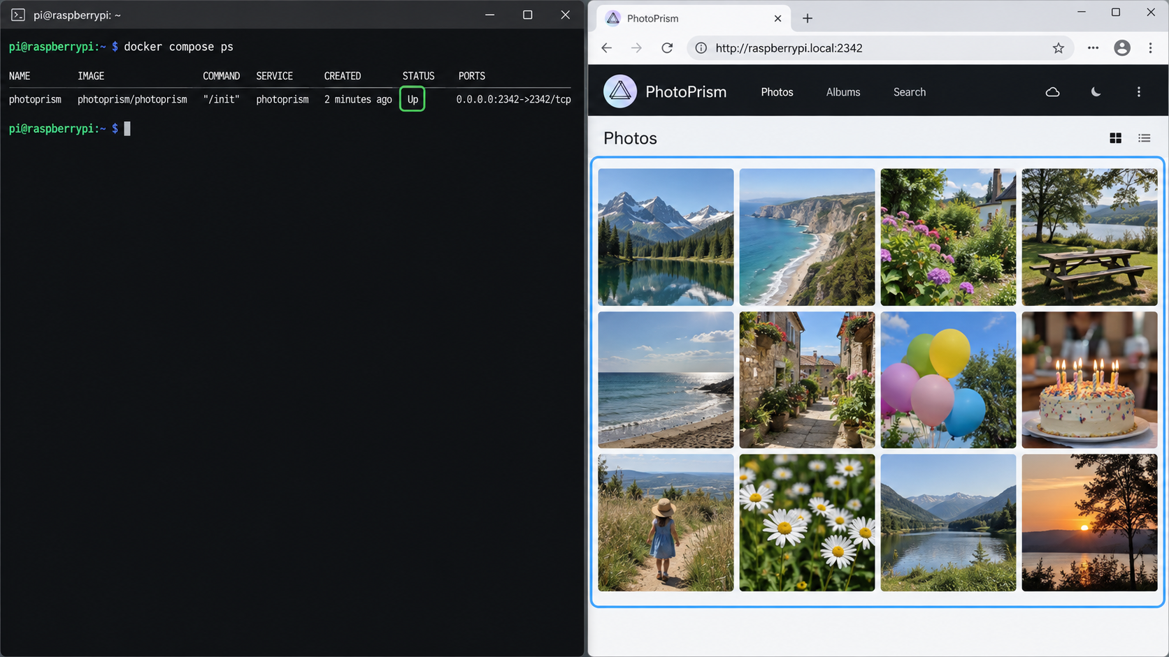 Docker Compose reports PhotoPrism as running while its local web gallery loads in a browser.
