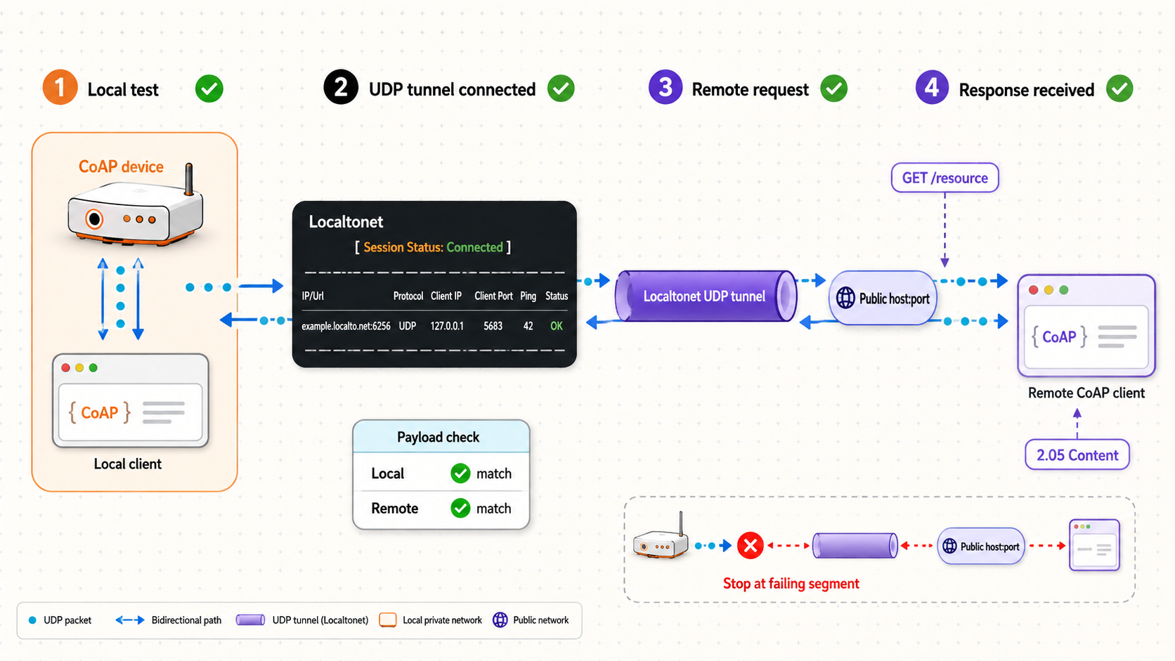 Verification flow covering the local CoAP service, running tunnel, public request, and returned response.